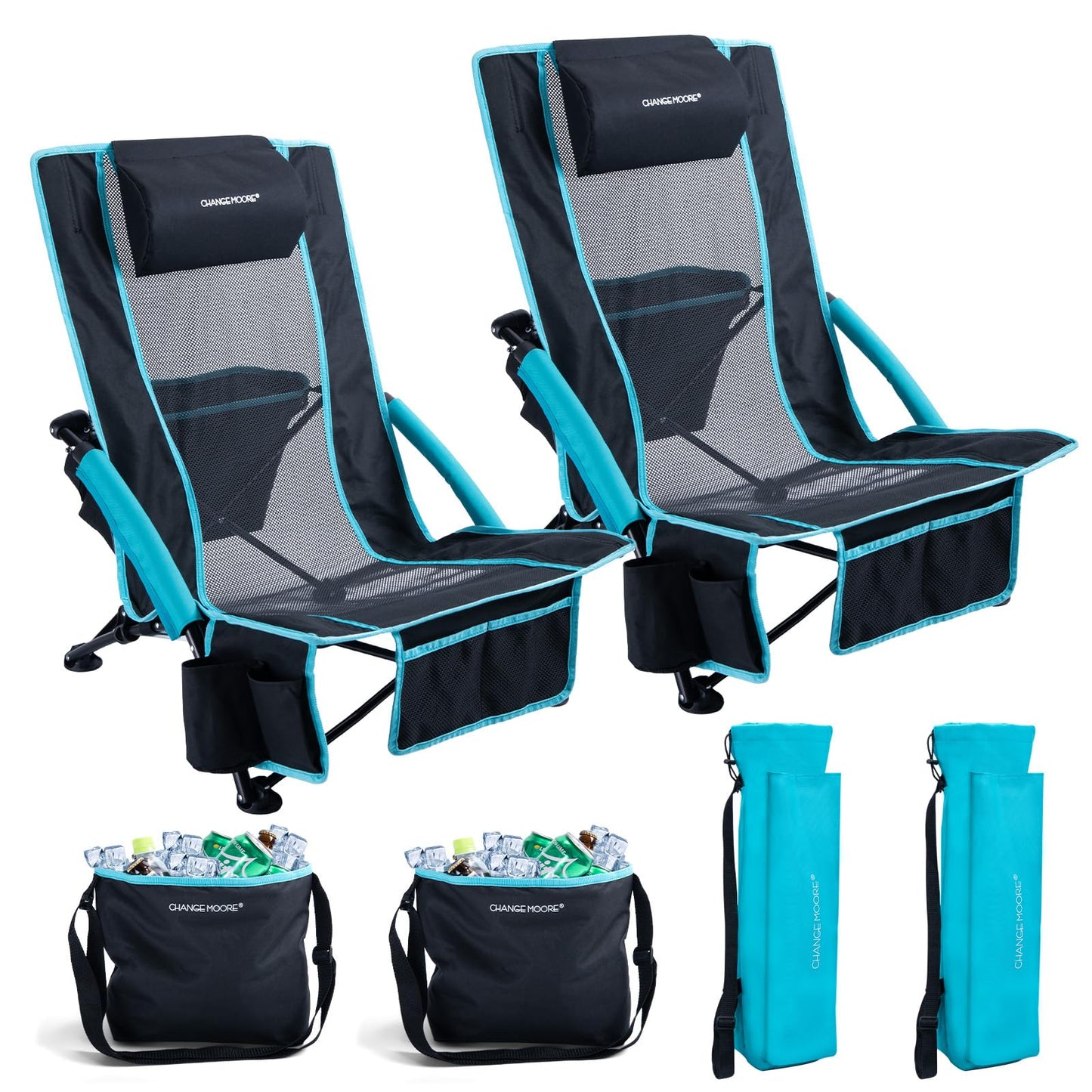 CHANGE MOORE Low Beach Chair with 2-in-1 Cooler Bag, Support up to 300lbs Folding Beach Chairs for Adults 2 Pack with Cup Holder, Removable Pillow & Carry Bag for Outdoor Sand Lawn Picnic Travel Blue