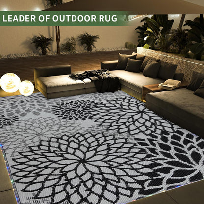 YONILE Outdoor Rug 9x12 ft with LED Light, Waterproof Reversible Outdoor Plastic Straw Rug for Patios Clearance, Large Outdoor Area Rug Carpet RV Mat for Camping Backyard Deck Porch Beach