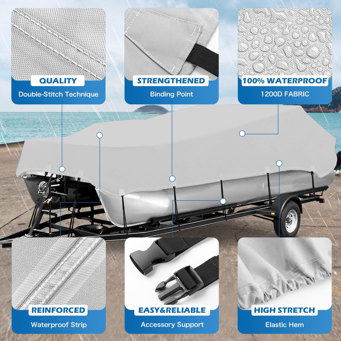 Solim Trailerable 1200D PU Heavy Duty Pontoon Boat Cover, 25-28ft Waterproof Marine Grade Oxford UV Resistant Polyester Canvas Cover, Boat Cover for Pontoon with Adjustable 20 Tie Down Straps, Gray