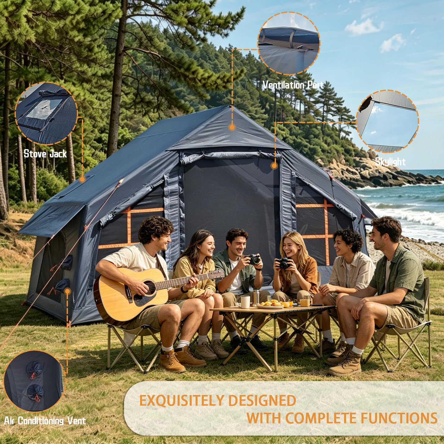 Inflatable Camping Tent with Skylight,Large Tall Blow Up Tent for 2/4/6/8 Person,4 Season Waterproof Hot Tent with Stove Jack, Family Camping Air Tent with Hand Pump,Grey