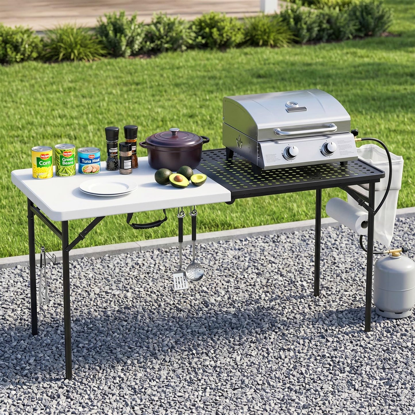 2 Pack 5ft Folding Table for Picnic Camping, Portable Outdoor Table with Metal Grid Grilling Surface, Heavy Duty Foldable Table for Cook Prep,Suitable for Camping, Backyard, Patio and Beach.