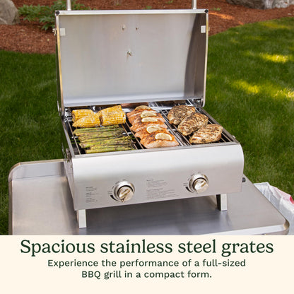 Cuisinart Chef's Style Tabletop Portable Propane Grill, 20,000 BTU Stainless Steel 2-Burner Outdoor Gas Grill for Camping, Tailgates, BBQ, Hassle-Free Setup, Twist-Start Ignition, CGG-306