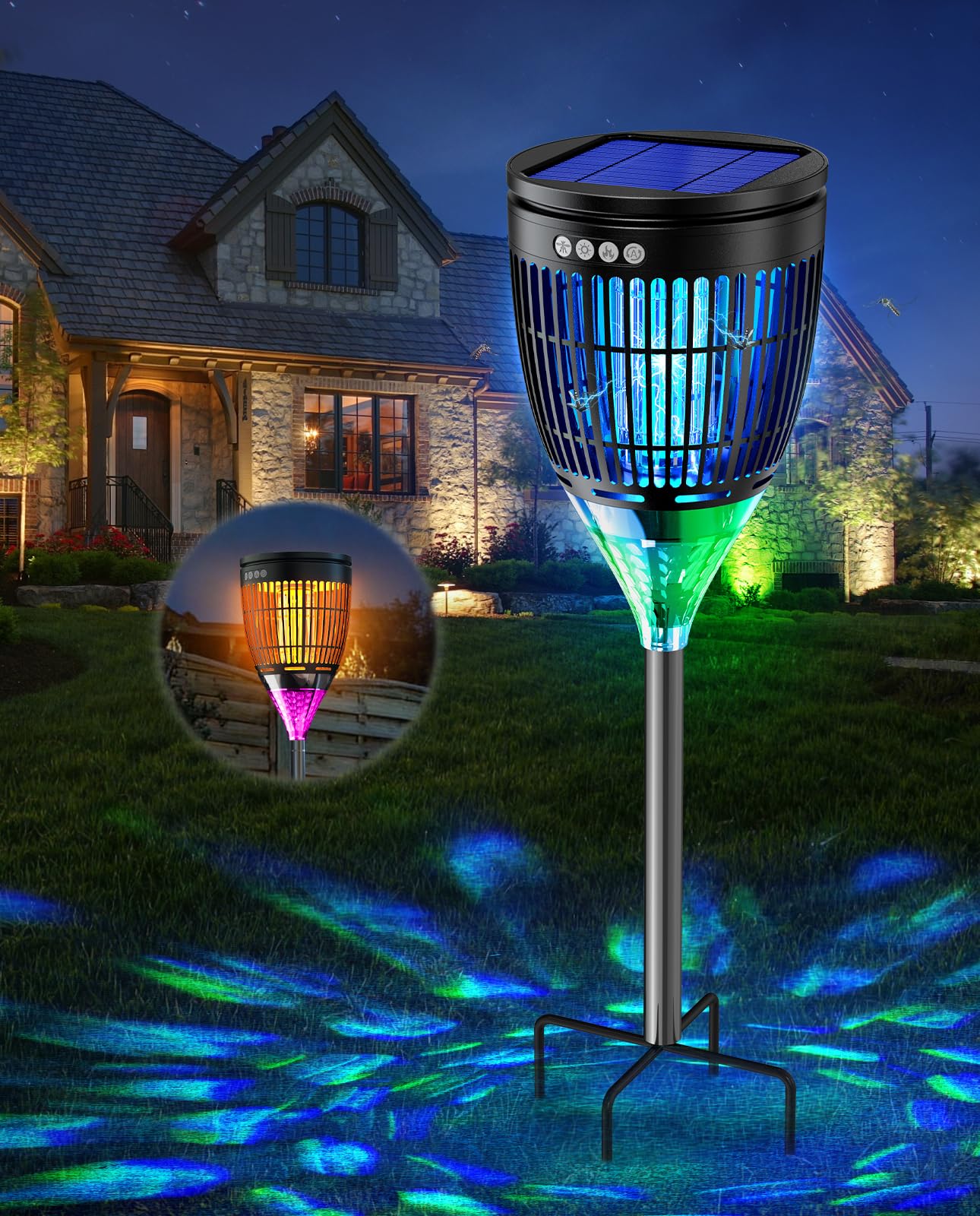 Solar Bug Zapper Outdoor, Mosquito Zapper with Flame & Projector Light Cordless Waterproof, Auto On/Off, Mosquito Trap Solar Powered, 4200V Electric Fly Zapper Killer for Patio Yard Camping Garden