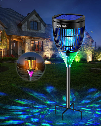 Solar Bug Zapper Outdoor, Mosquito Zapper with Flame & Projector Light Cordless Waterproof, Auto On/Off, Mosquito Trap Solar Powered, 4200V Electric Fly Zapper Killer for Patio Yard Camping Garden