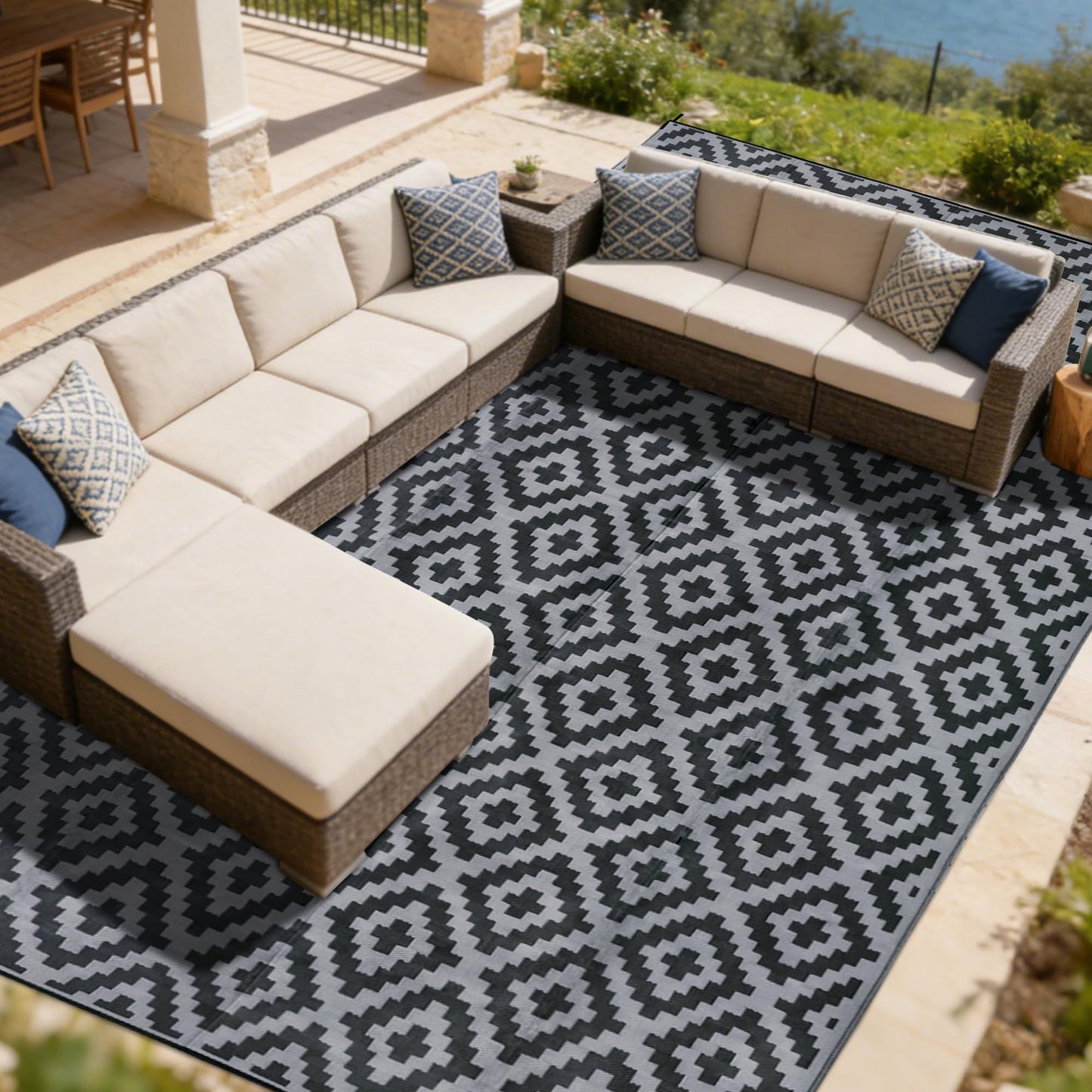 SAND MINE Waterproof Outdoor Rug 10x20 ft, Plastic Reversible Rug, Modern Area Rug, Large Floor Mat for Outdoors, RV, Patio, Backyard, Deck, Picnic, Beach, Camping, Black & Grey
