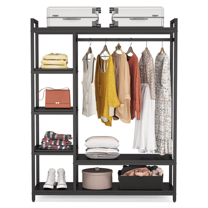 LITTLE TREE Free Standing Wood Closet Clothes Rack,Heavy Duty Grament Rack with Shelves,Hanging Racks for Clothes Clothing Rack for Bedrom,Wardrobe Closet Organizer,350 lb Capacity,Black