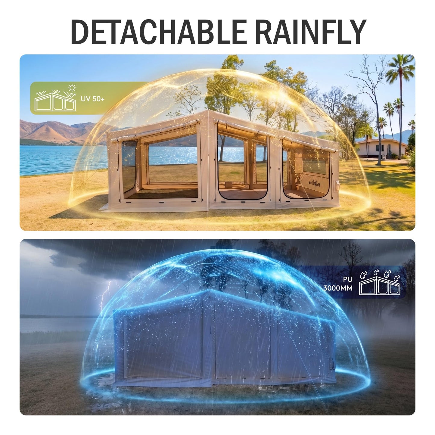 Inflatable Tent for Camping,16.4'x7'x7' Blow Up Tent 8-12 Person,3 Room Tent with Divided Curtain,Hot Tent with Stove Jack, Inflatable House with Pump, Quick Setup Air Glamping Tent for Family Outdoor