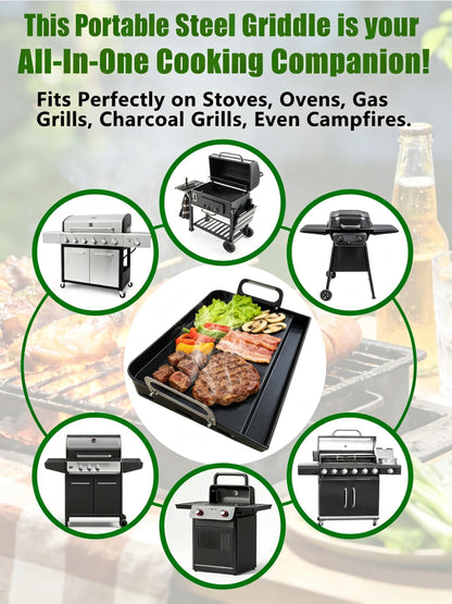 2026 Advanced Portable Steel Griddle, Griddle for Gas Grill, Non-Stick Coating, Universal Flat Top for Gas Grill/Stove/Oven/Campfire, Ergonomic Handle & Easy Clean for Outdoor BBQ & Camping, 23"x16"