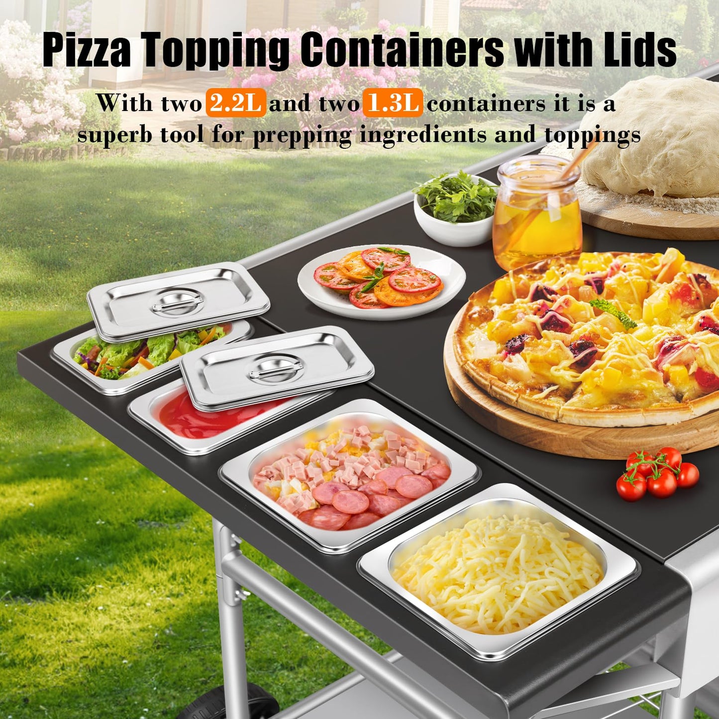 GRILL FORCE Pizza Oven Table with Cover, Outdoor Grill Table with Cover, Grill Cart, Movable Pizza Oven Cart, Portable Food Prep Table for BBQ Camping, Fits Pizza Oven, Ninja Woodfire, Blackstone