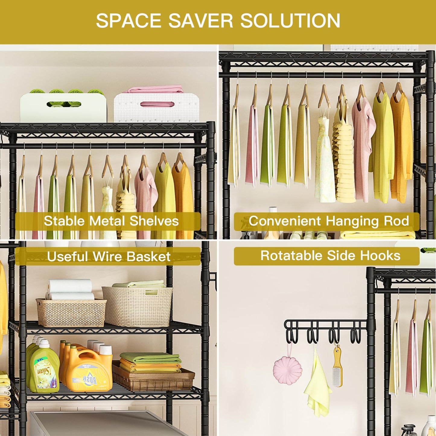 Ulif U5 Over the Washer and Dryer Storage Shelf, Laundry Room Space Saver Bathroom Storage and Organizer Rack for Hanging Towels and Drying Clothes with 5 Wire Shelves, 58.2"W x 13.4"D x 77.5"H, Black