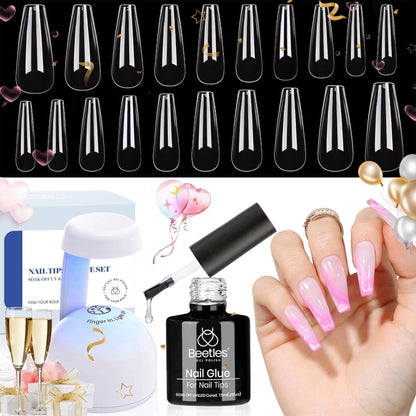 Beetles Gel Nail Extension Kit Almond Shape, Easy 9 in 1 Glue Uv Led Set Etch X Nail Tips Short Almond Half Matte Tips, Gift for Women & Girls, 504 pcs