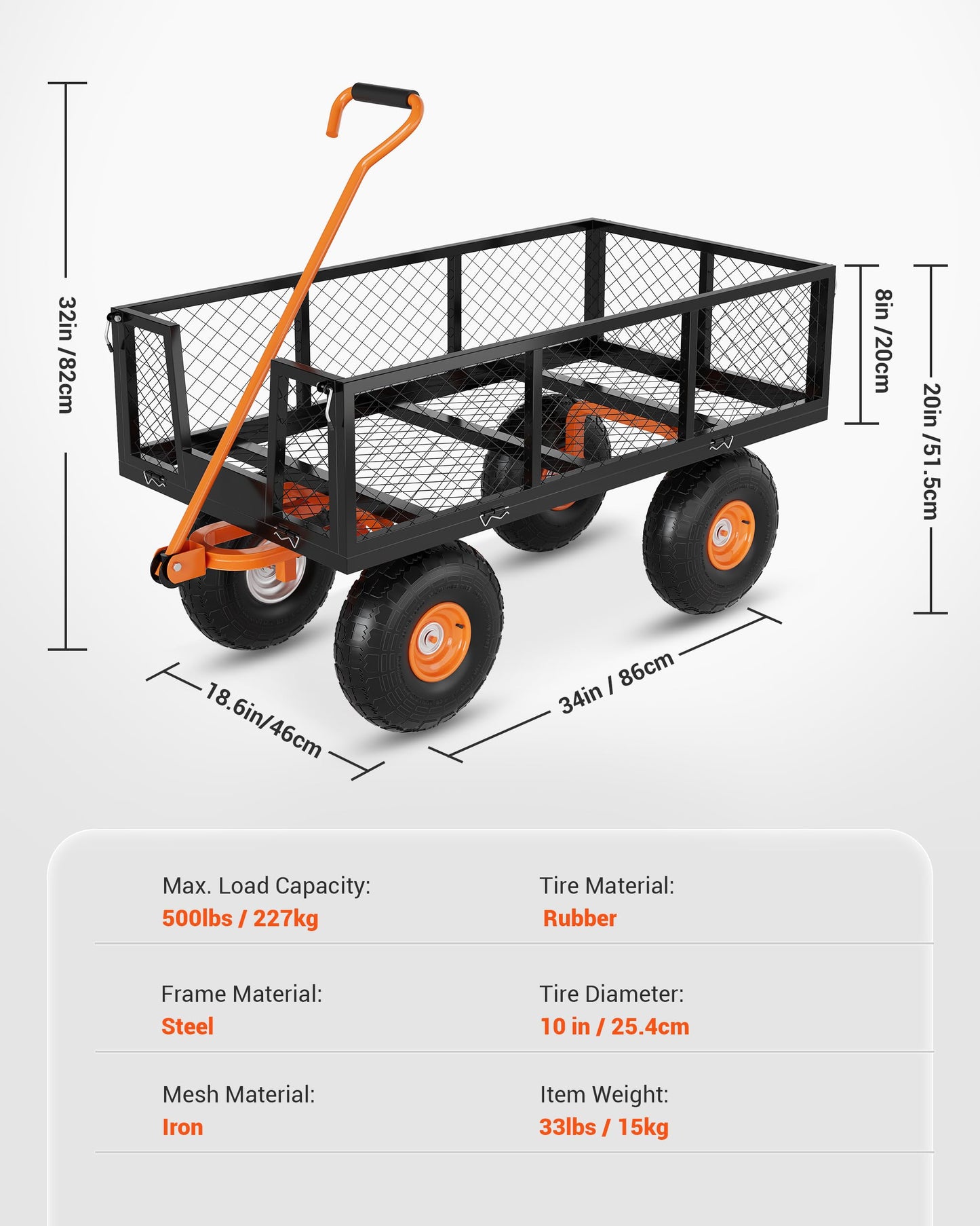 Garvee Steel Garden Cart, 500 LBS Capacity Utility Outdoor Wagon, Heavy Duty Mesh Garden Metal Wagon with Removable Sides, Flexible Handle and 10" Tires for Yard, Lawn, Garden