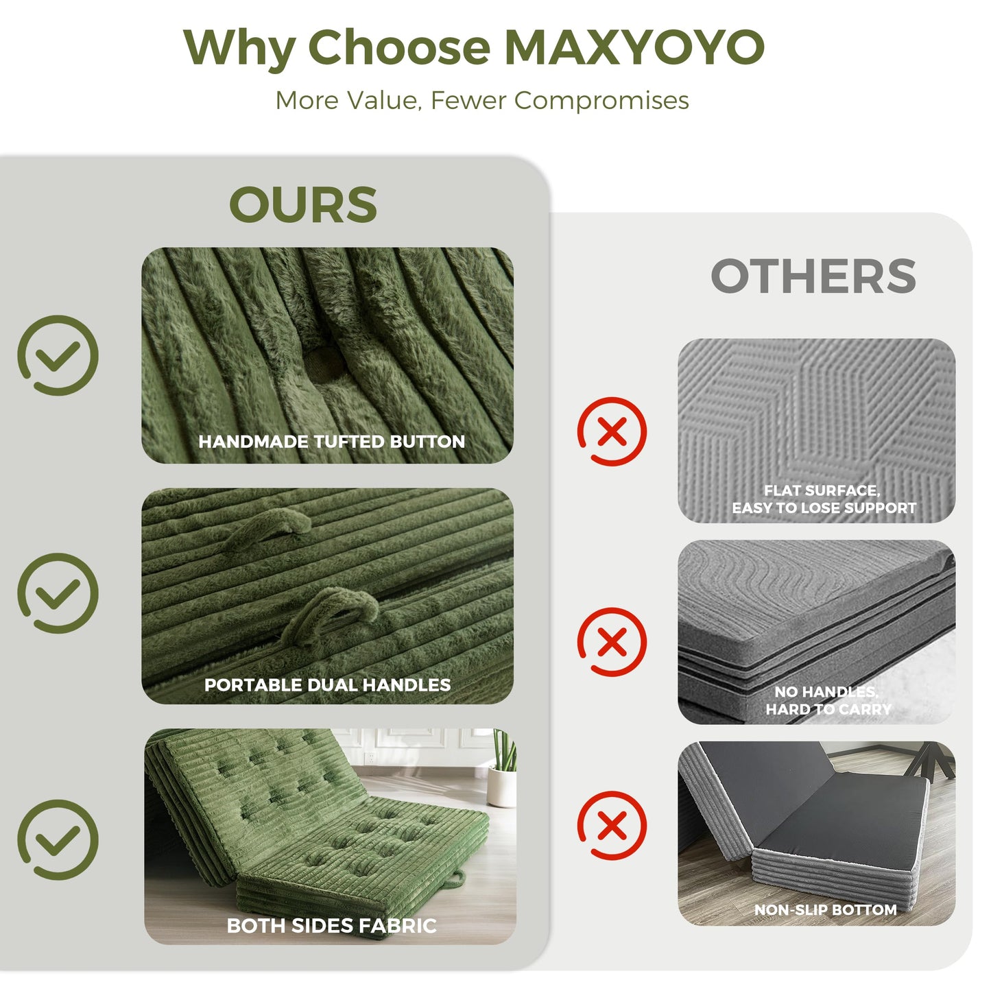 MAXYOYO Floor Sofa Couch, 6 Inch Tri-Fold Floor Sofa Bed, Folding Couch with Handles, Soft Faux Fur Folding Bed with Supportive Foam Filling, Portable Sofa for Living Room, Full, Dark Green