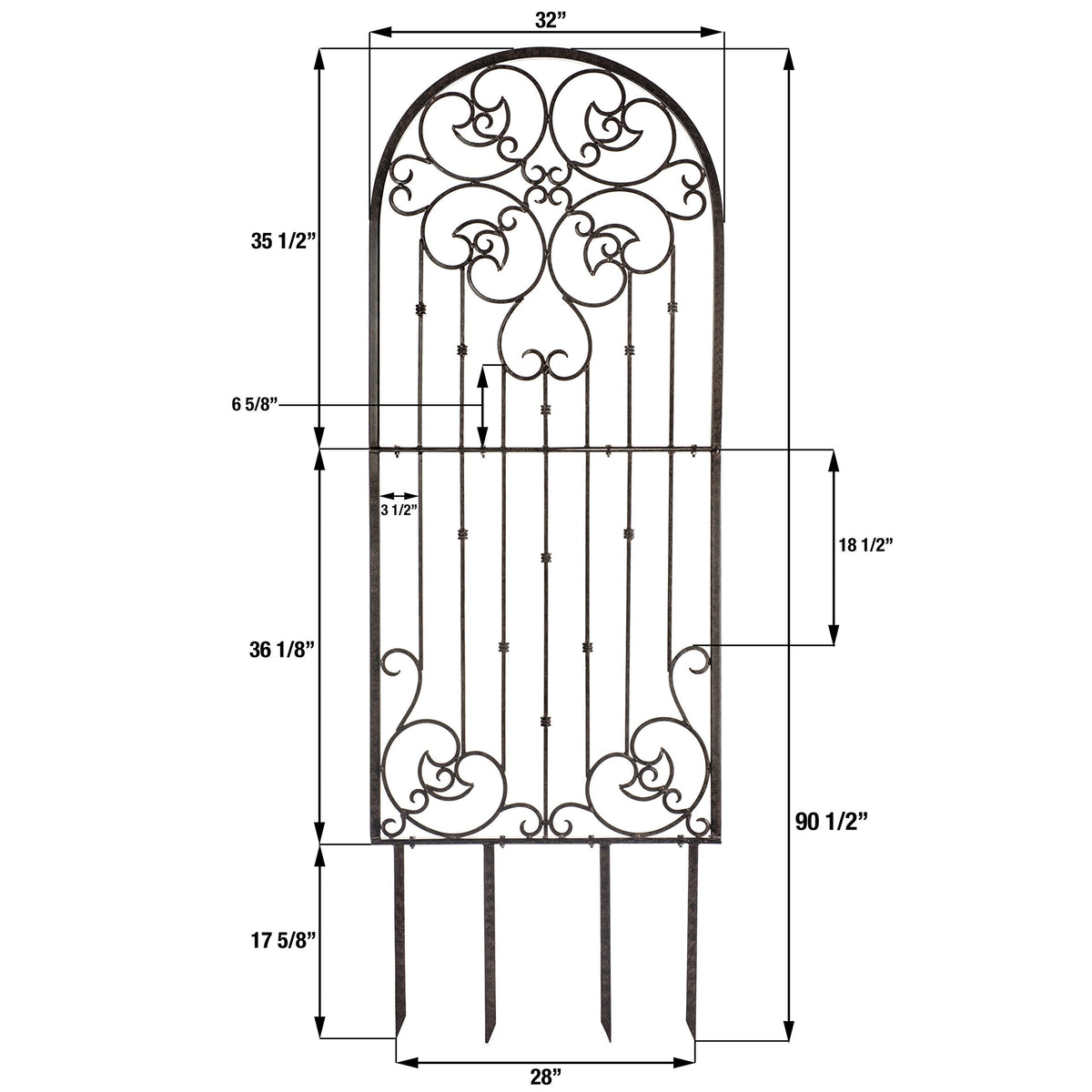 H Potter 72” Heavy Duty Garden Trellis – 60 lb Solid Iron Scrollwork Panel, 1” Metal Frame with Ground & Stabilizing Stakes (Charcoal Brown)