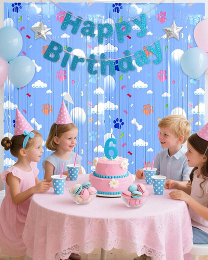 Paw Birthday Decorations, 3 Pack Blue Dog Theme Party Supplies 3.3 x 6.6ft Tinsel Foil Fringe Curtains Photo Booth Props Cartoon Backdrop Streamers for Kids Boys Girs