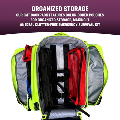 Kemp USA Ultimate EMS Backpack Neon Green Emergency Response Medical Bag Fluid Resistant Tarpaulin EMT Storage Fits BLS ALS Equipment D Tank Oxygen Cylinder Professional Field Use