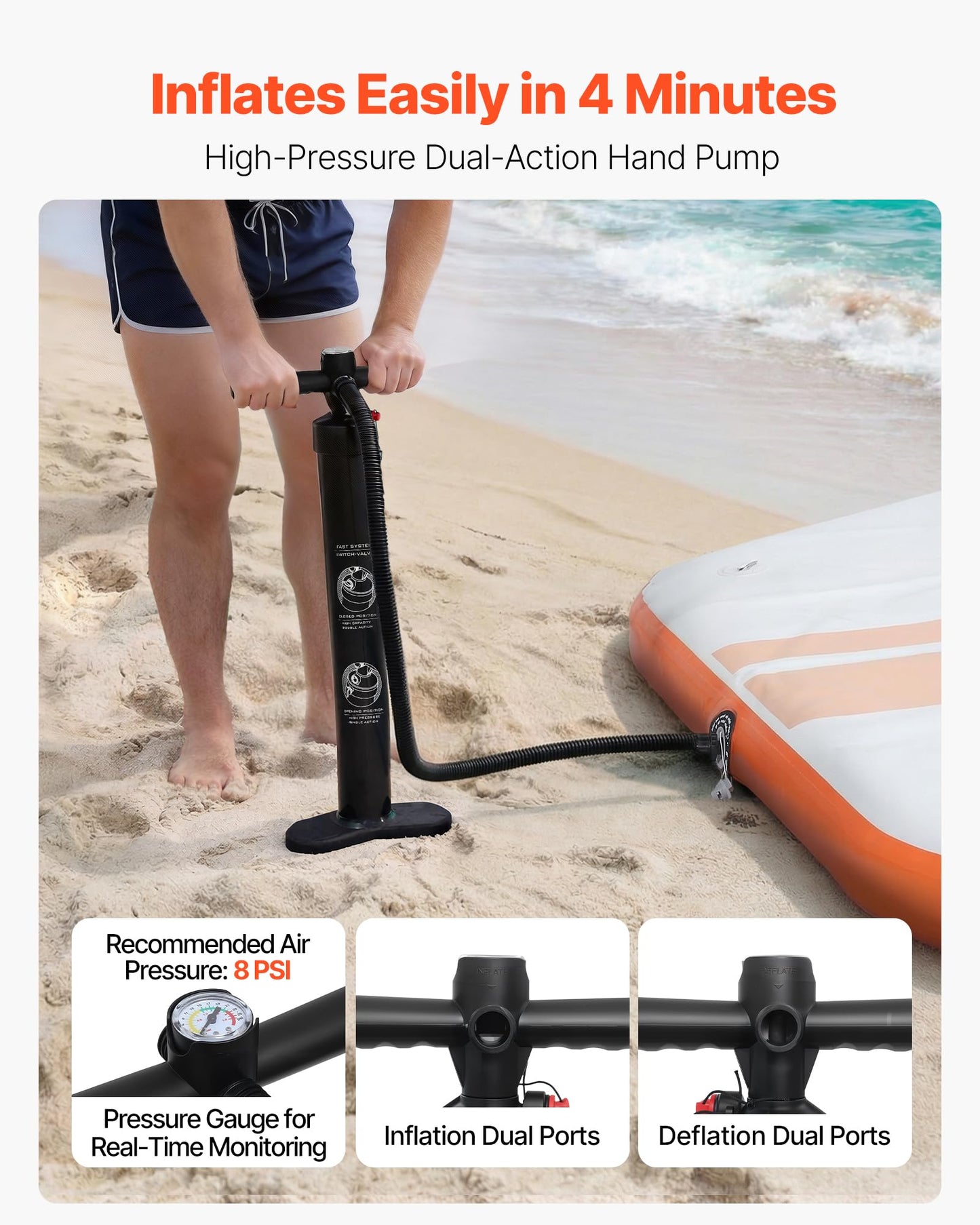 VEVOR Inflatable Floating Dock, 8.5x8.5 FT Inflatable Dock Platform, Non-Slip Water Mat with Portable Carrying Bag & Detachable Ladder, Floating Water Platform Island Raft for Pool Beach Ocean, Orange