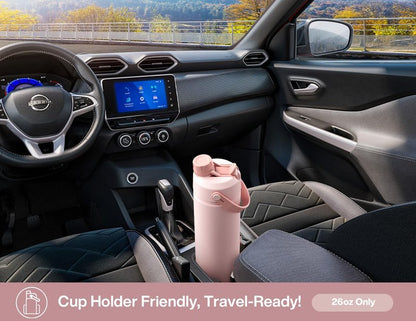 POWCAN 26 oz Insulated Water Bottle with 2-in-1 Straw and Spout Lid, Keep Cold 24H, Leak-Proof, Fits in Car Cup Holder, Stainless Steel Water Bottle for Sports, Travel, Gift and School (Cherry Meadow)