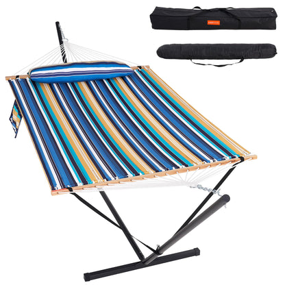 Lazy Daze Hammocks 2 Person Portable Hammock with 12FT Stand for Outside, 10.5FT Quilted Double Hammock with Spreader Bar and Detachable Pillow, 450lbs Capacity for Outdoor Patio, Beach Stripes