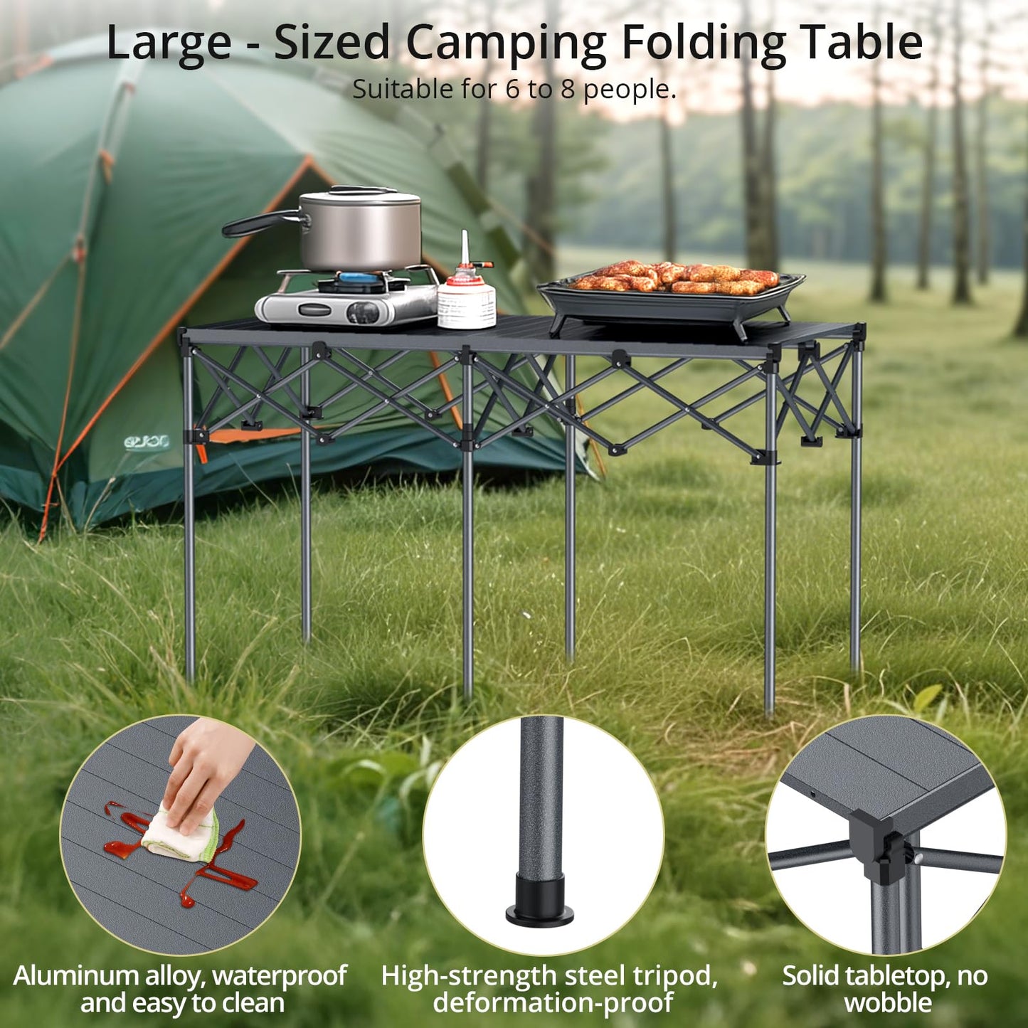 Anbte Heavy-Duty Camping Table, 48” x 23.6” Large Roll Up Camping Table for 6-8 People Support 264lbs with Carry Bag, Waterproof, Portable, for Backyard BBQ Tailgating Picnic Party Indoor, Black
