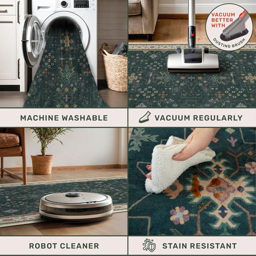 Hazo Haus Dark Green Oushak 5x7 Area Rug - Modern Vintage Boho Floral Design, Washable Non-Slip for Living Room & Nursery