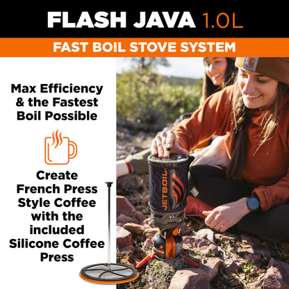 Jetboil Flash Java 1.0L Portable Fast Boil Stove with Silicone French Press and 1-Step Auto Ignition for Camping and Backpacking, Propane/Isobutane Burner with Cooking Cup, Topo