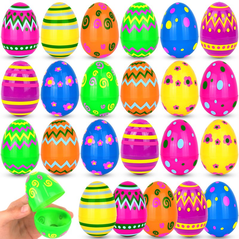 NAWITDA 24 Pack 2.4 Inch Plastic Printed Easter Eggs, Empty Fillable Eggs Bulk for Easter Egg Hunt, Easter Basket Stuffers Fillers, Classroom Prize Supplies, Filling Treats and Party Favors