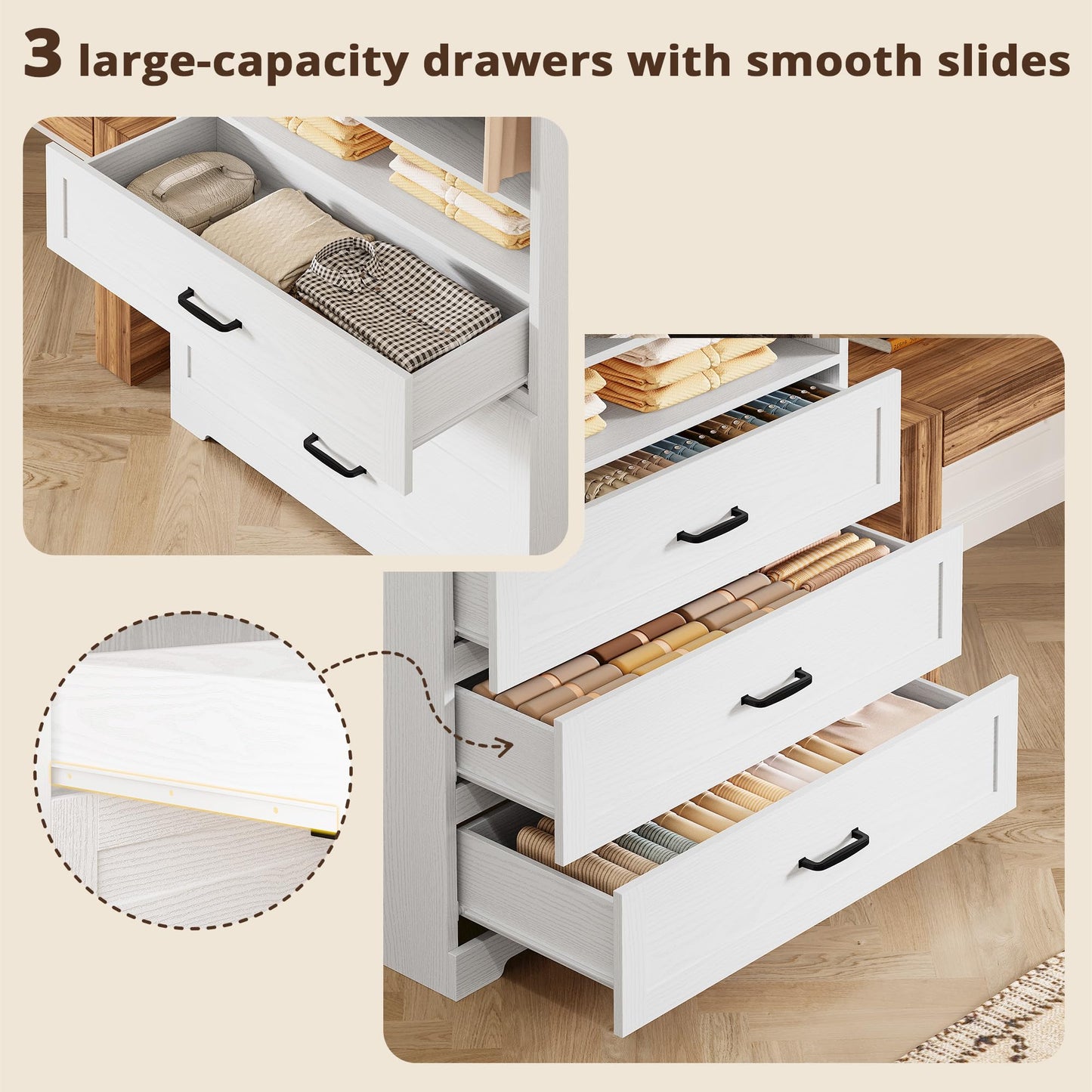 IRONCK Freestanding Closet System with 3 Wood Drawers, Modern Armoire Wardrobe with Adjustable Shelves & Hanging Rod, Walk-in Closet Systems Organizer for Small Closet, 31.5" White