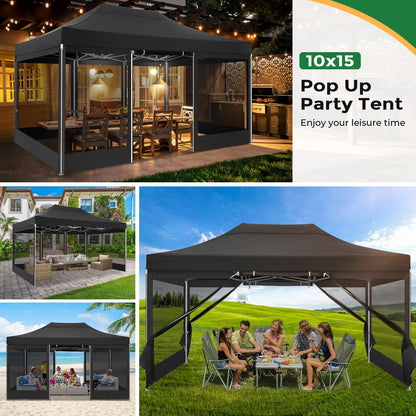 COBIZI 10x15 Heavy Duty Pop Up Canopy with 4 Sidewalls, Commercial Gazebo Party Tent with Mosquito Netting Wall Easy Set Up Outdoor Instant Screen Tent for Backyard, Patio, Garden, Black