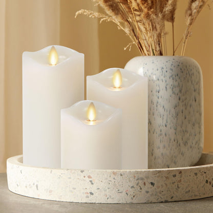 Matchless Candle Co. by Luminara Set of 3 Flameless LED Flickering Moving Flame Pillars (3" x 4.5", 5.5", 6.5"), Melted Unscented Real Wax Edge w/ Smooth Finish, AA Battery Operated, Pearl Ivory