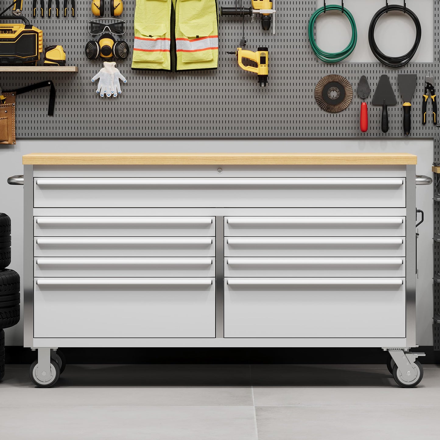 IDEALHOUSE 61 inch Rolling Tool Chest, Garage Workbench with 9 Drawers, Solid Rubber Wood Top & with Wheels Lock Key Locking, Mobile Workstation Tool Cabinet for Workshop Storage
