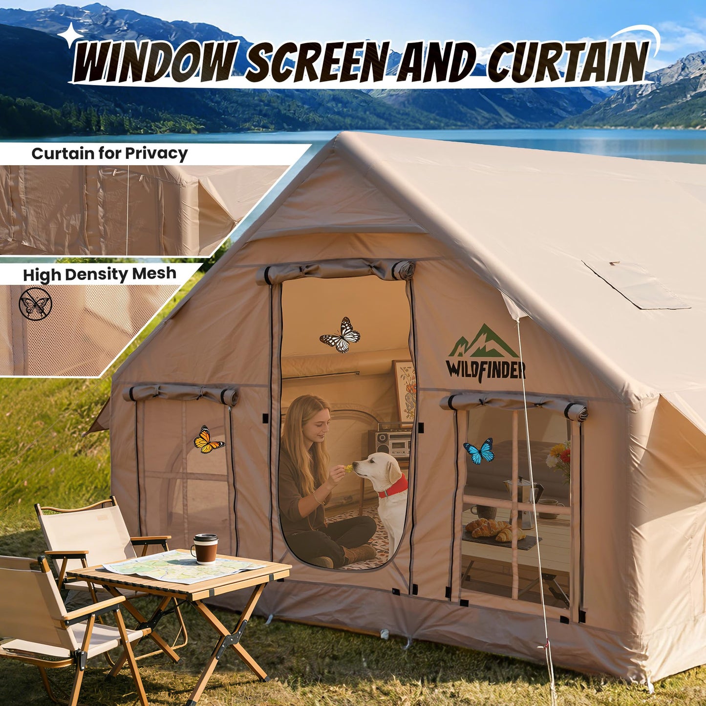 Inflatable Tent with Skylight, Quick Setup Blow Up Tents with Pump, Hot Tent with Stove Jack, Waterproof Oxford Inflatable House for Camping, Air Glamping Tents for Camping Adult 8-12 Person