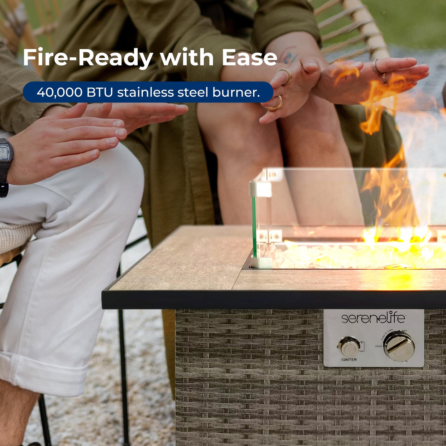 SereneLife Outdoor Propane Fire Pit Table - CSA/ETL Certified Safe 50,000 BTU Pulse Ignition Weatherproof Square Wicker Propane Gas Fire Table w/Tile Tabletop Adjustable Flame - Glass Rocks