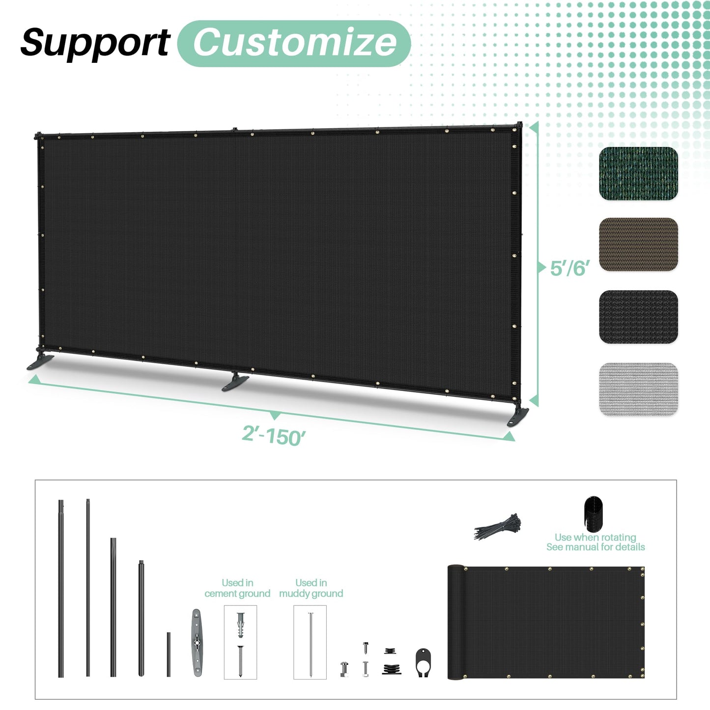 SunnyRoyal 5' x 24' Privacy Fence Screen Panel with Iron Poles Freestanding No Dig Heavy Duty Windscreen Mesh Fabric Temporary Dog Fencing for Outdoor Backyard Patio Garden (Black)