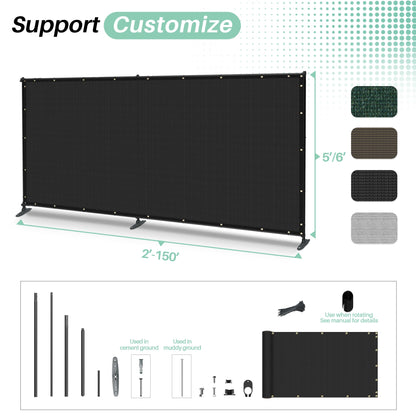 SunnyRoyal 5' x 24' Privacy Fence Screen Panel with Iron Poles Freestanding No Dig Heavy Duty Windscreen Mesh Fabric Temporary Dog Fencing for Outdoor Backyard Patio Garden (Black)