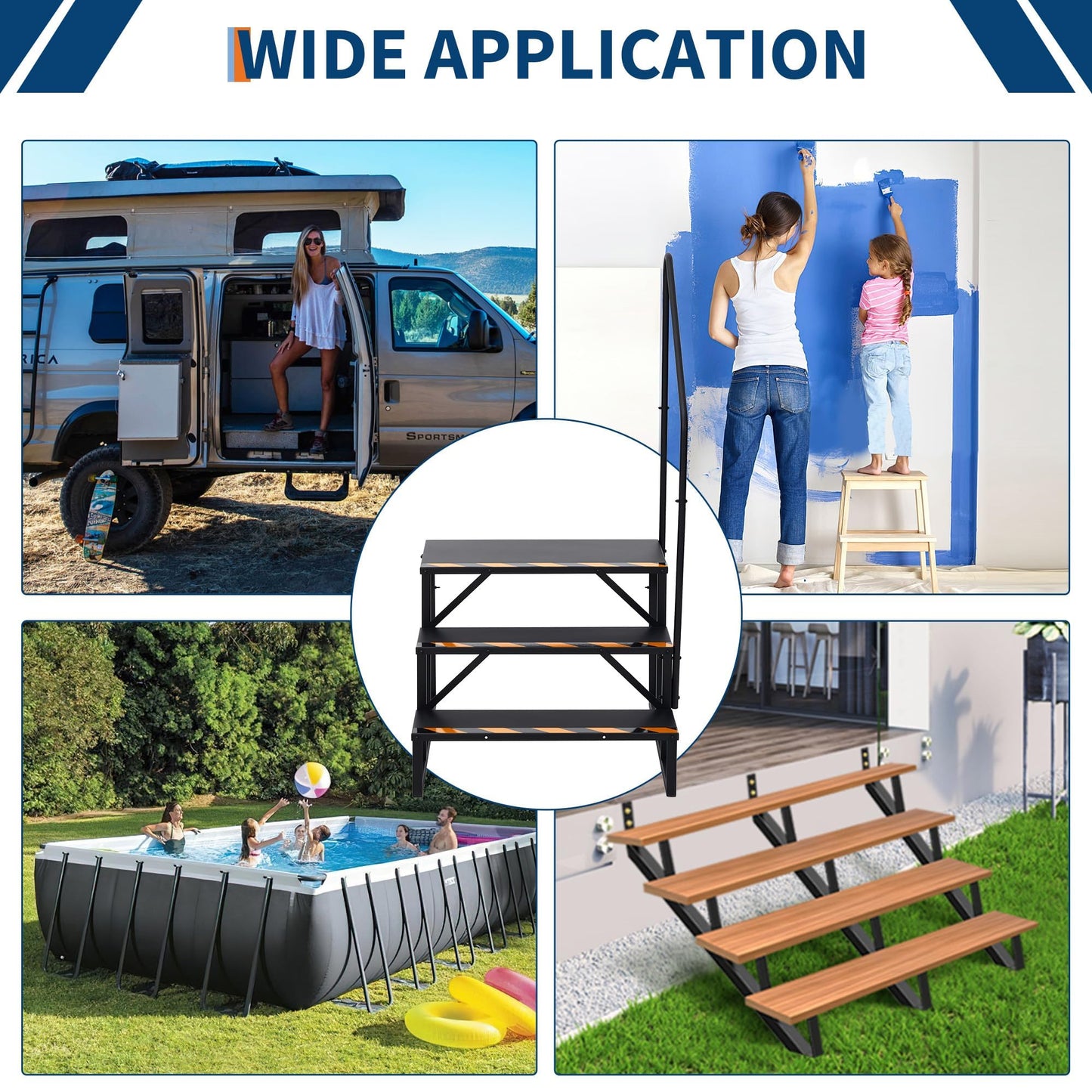 CuisinSmart 3 Step RV Stairs with Handrail - Portable Hot Tub Steps & Outdoor Ladder for Camper, Trailer, Mobile Home | Non-Slip Tread
