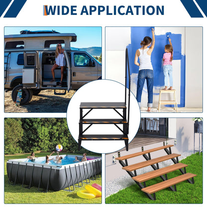 CuisinSmart 3 Step RV Stairs with Handrail - Portable Hot Tub Steps & Outdoor Ladder for Camper, Trailer, Mobile Home | Non-Slip Tread