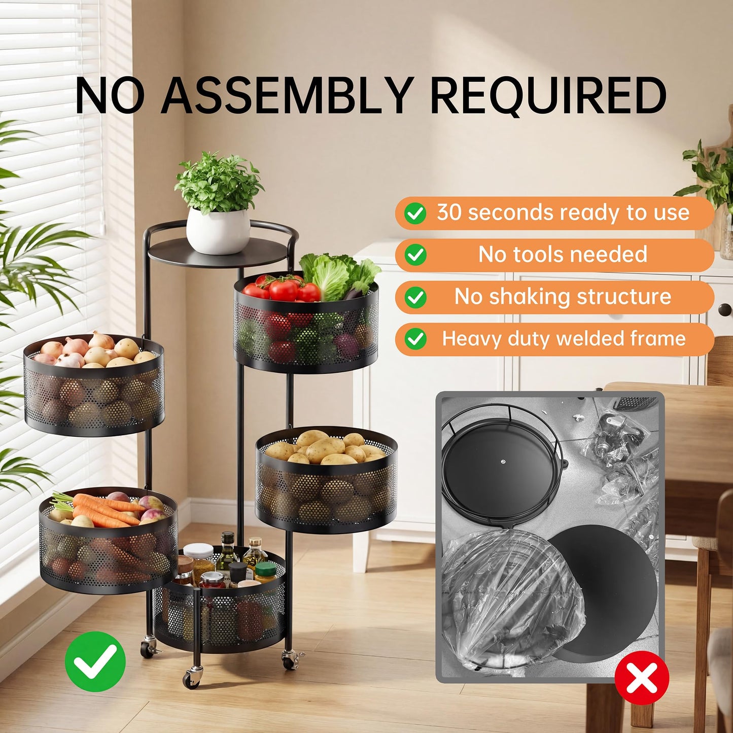 JAQ No Assembly 5-Tier Kitchen Storage Cart with Wheels, Rotating Produce Organizer for Onion, Potato & Vegetable Storage, Large Capacity Pantry Storage Rack, Black