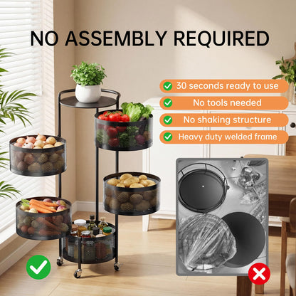JAQ No Assembly 5-Tier Kitchen Storage Cart with Wheels, Rotating Produce Organizer for Onion, Potato & Vegetable Storage, Large Capacity Pantry Storage Rack, Black