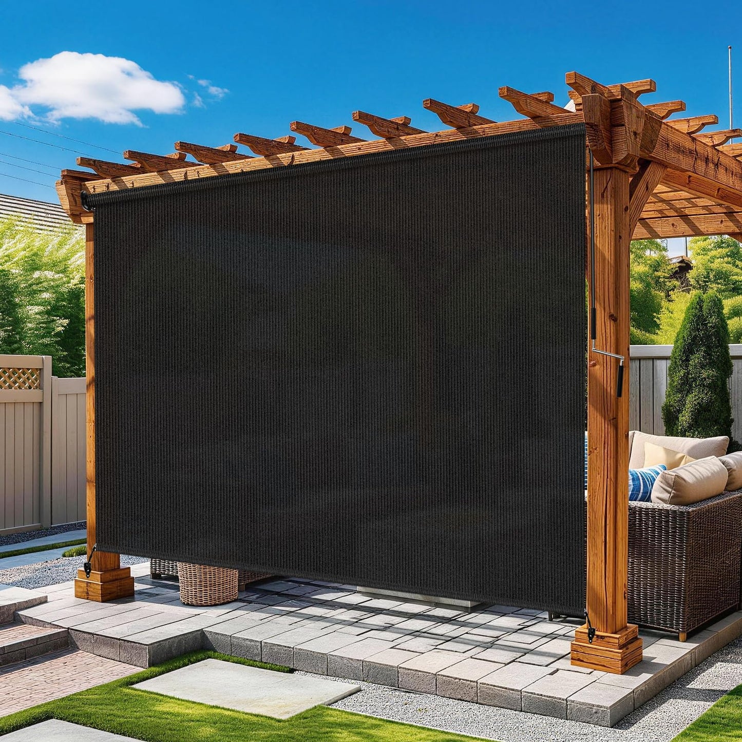 Solace Shade Outdoor Roller Shades for Patio 8'Wx8'H Black, 90% UV Block & Privacy Protection Outdoor Blinds, Cordless Porch Shades Outdoor Roll Up with Splicing Design 15-Min Install