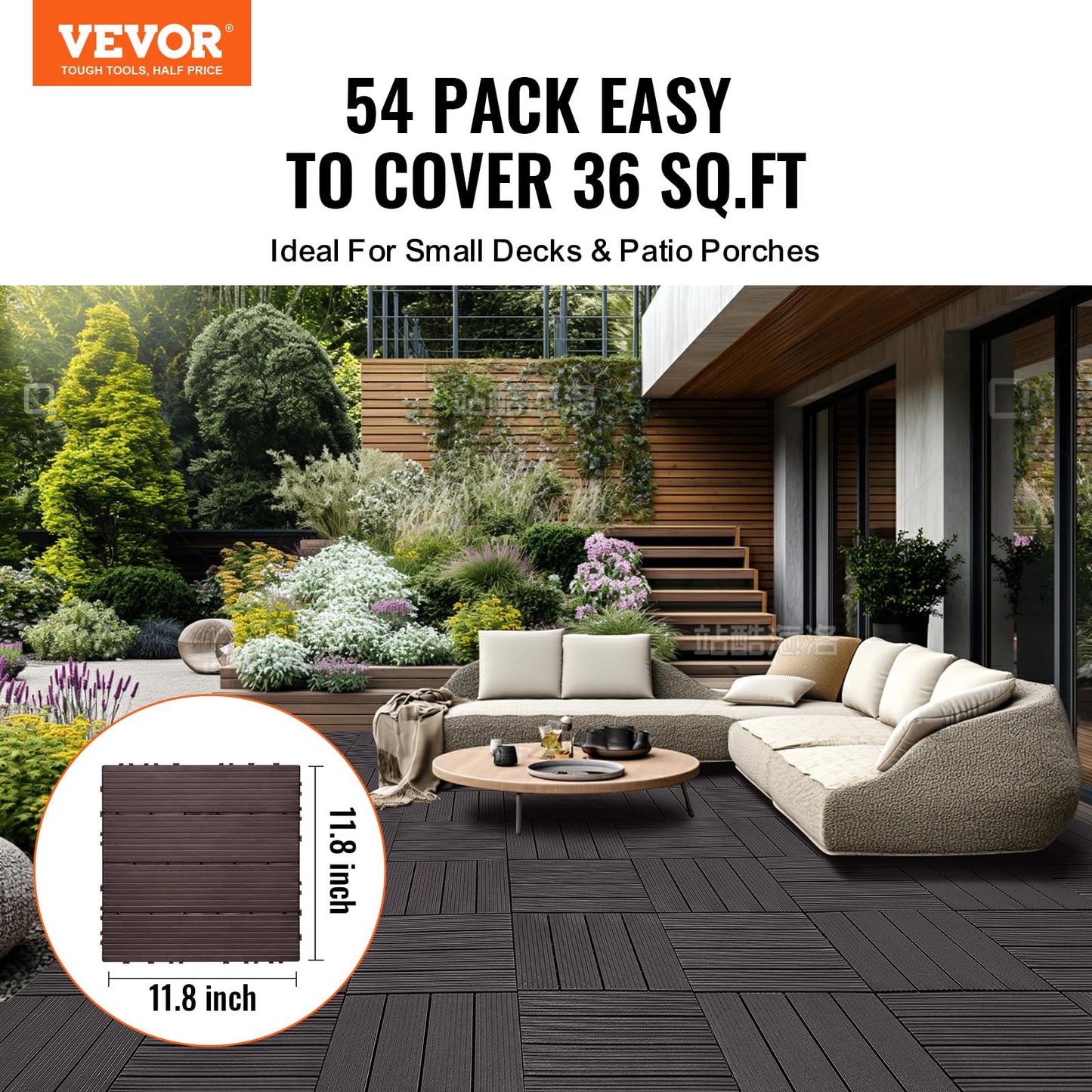 VEVOR 54 sq. ft Plastic Interlocking Deck Tiles, 54 Pack,12"x12" Waterproof Non-Slip Outdoor Flooring All Weather Use, Patio Floor Decking Tiles for Porch Poolside Balcony Backyard, Dark Brown