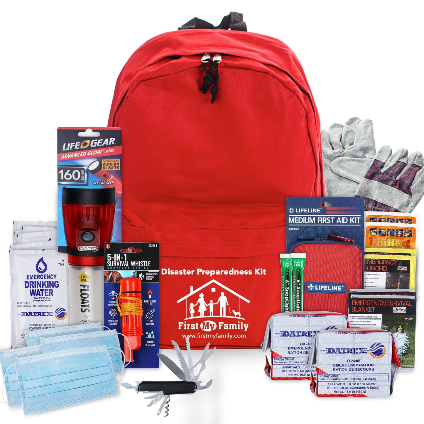First My Family All-in-One Premium 2-Person Emergency Survival Kit | Hurricane & Earthquake Preparedness Supplies | Disaster Backpack with 72-Hour Survival Gear, First Aid, and More