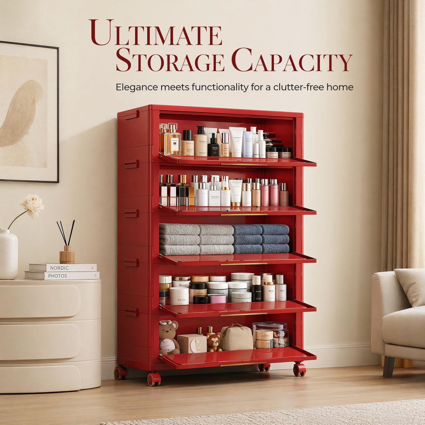 Foldable Storage Cabinet with Doors and Lockable Wheels, 5-Tier Large Capacity ABS Organizer, No-Tool Assembly Storage Cabinet for Small Apartment, Kitchen, Pantry, Laundry, Garage