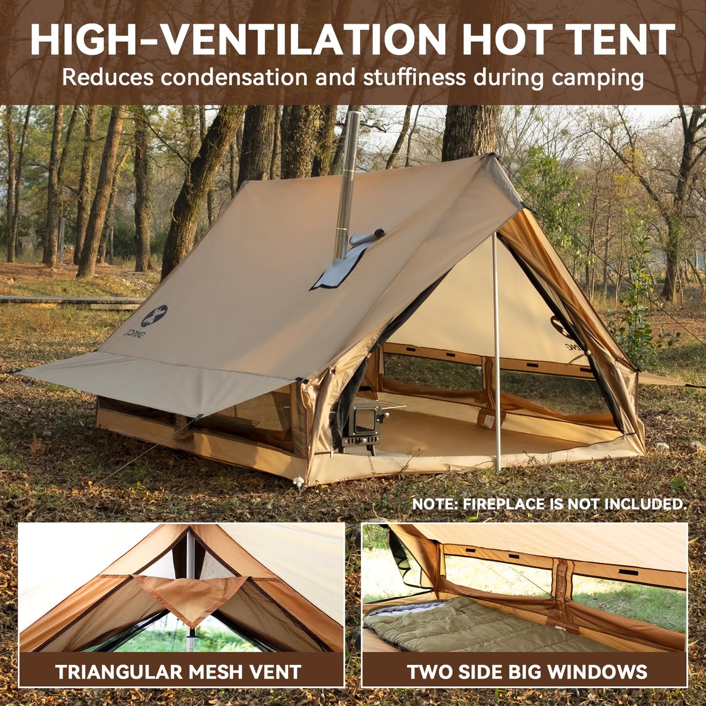 Zoring Hot Tent with Stove Jack - Waterproof & Windproof Cabin Winter Tent for Camping, 4 Season Tipi Wall Shelter with Two Poles, 2 Person Cold Weather Tent for Outdoor Hiking, Backpacking, Hunting