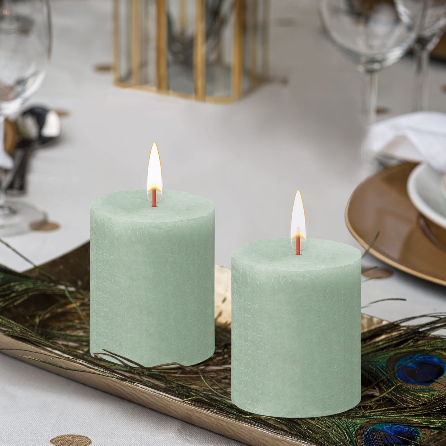 BOLSIUS 4 Pack Sage Green Rustic Pillar Candles - 2.75 X 3.25 inches - Premium European Quality - Includes Natural Plant-Based Wax - Unscented Dripless Smokeless 35 Hour Party and Wedding Candles
