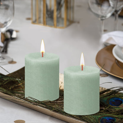 BOLSIUS 4 Pack Sage Green Rustic Pillar Candles - 2.75 X 3.25 inches - Premium European Quality - Includes Natural Plant-Based Wax - Unscented Dripless Smokeless 35 Hour Party and Wedding Candles
