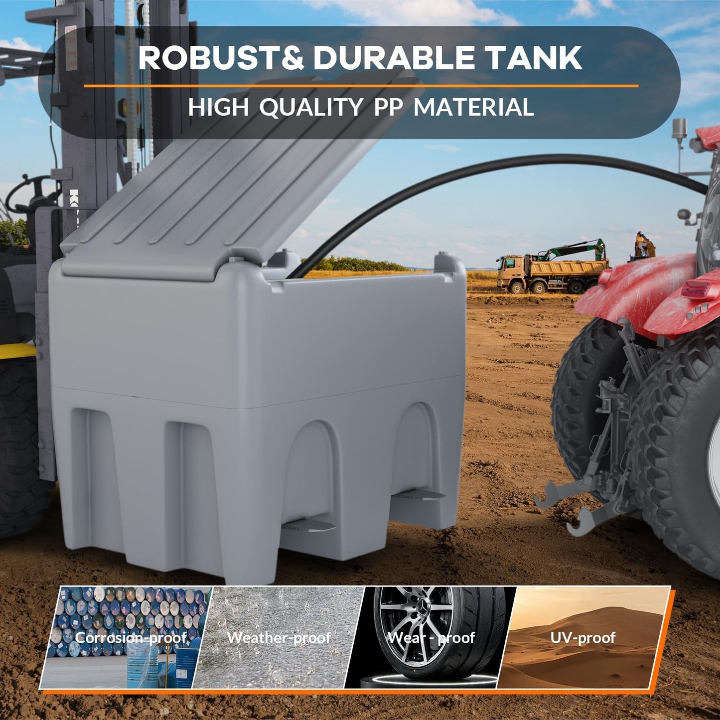 48 Gallon Portable Fuel Transfer Tank with 12V Electric Pump, 10GPM Flow, 13Ft Hose & Auto Nozzle – Diesel Transfer Tank for Trucks, Tractors, Boats, Generators – Gray