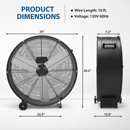 Takywep High Speed Air Circulator Fan, 30 Inch Heavy Duty Industrial Drum Fan - 6000 CFM 3-Speed Metal Floor Exhaust Fan - Portable with Rubber Casters and Handle for Warehouse, Garage, Workshop