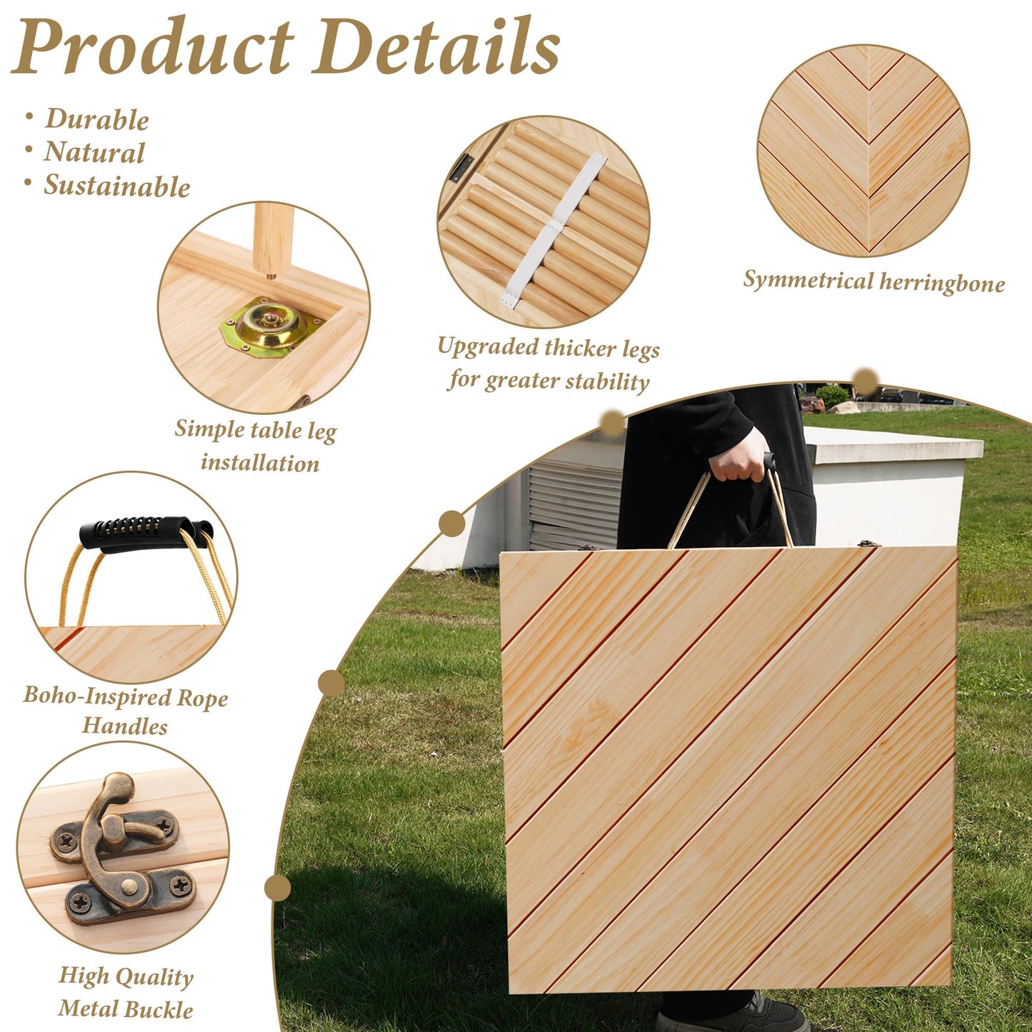 LITURTOO Low Picnic Table Portable, 60" X 30" Boho Picnic Table with Table Runner for Indoor,Outdoor,Camping, Wedding, Beach, Garden, Party(Large Size for 6-8)