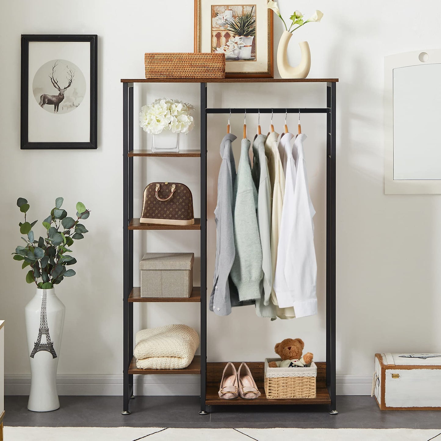 VECELO Open Garment Clothing Rack, Free-Standing Heavy Duty Storage Closet with 5 Shelves and Hanging Rod for Small Spaces, Max Load 350LBS, Brown